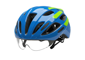 Fototapeta premium Isolated blue and green cycling helmet with visor for triathlon or road bike racing riders