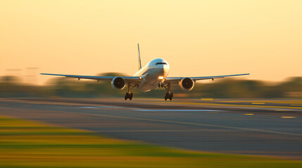 Naklejka premium aerodynamics. Commercial airplane taking off with motion blur and golden sunset lighting. inspiring travel planning, mobility guides, designed for mobility and urban transit guides.