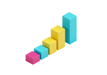 Isolated multicolored bar chart showing rising sales figures and upward progression icon