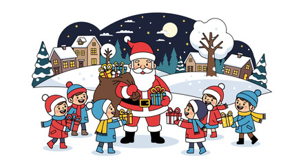 Santa Claus Giving Gifts to Children in a Winter Wonderland Scene During the Holiday Season