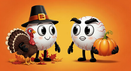 Obraz premium Cartoon eyeball characters with pilgrim hat, turkey, and pumpkin, celebrating Thanksgiving, representing holiday season and autumn harvest