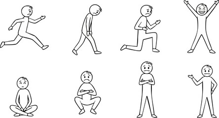 Set of eight simple hand-drawn stick figures in various dynamic poses, isolated on white.