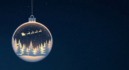 Ornamental ball against starry night, containing Santa and reindeer sleigh above trees, representing holiday magic, wonder, and festive celebration