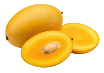 Isolated group of fresh yellow mangos one whole and two halves with seed cut out
