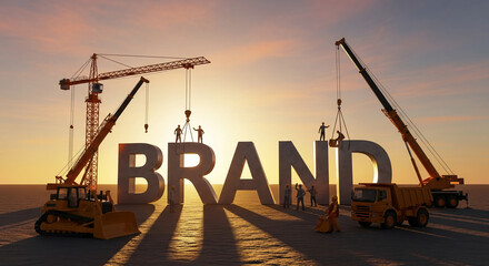 Construction site scene, orange crane building letter. Concept of brand creation or development, teamwork, with sunrise and workers silhouettes