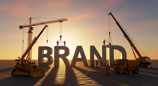 Construction site scene, orange crane building letter. Concept of brand creation or development, teamwork, with sunrise and workers silhouettes
