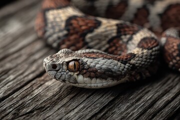 Obraz premium Realistic close-up of a viper resting on weathered wood in a natural setting showcasing its intricate scales and striking eyes