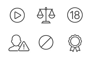 Line art icons: play, justice, age limit, user alert, restricted, award