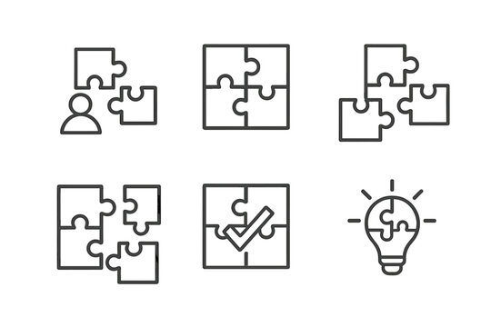 Set of puzzle and light bulb icons representing ideas and solutions