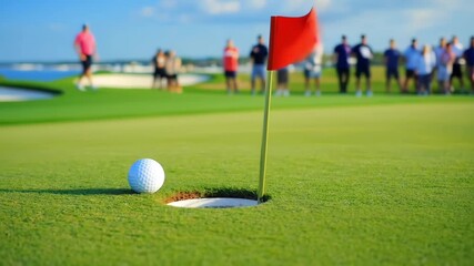 A close-up of a golf ball near a hole with a red flag. A crowd of spectators is blurred in the background, enjoying a golf tournament.