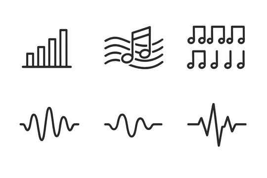 Minimalist music and sound wave icons: notes, bars, waves in black and white