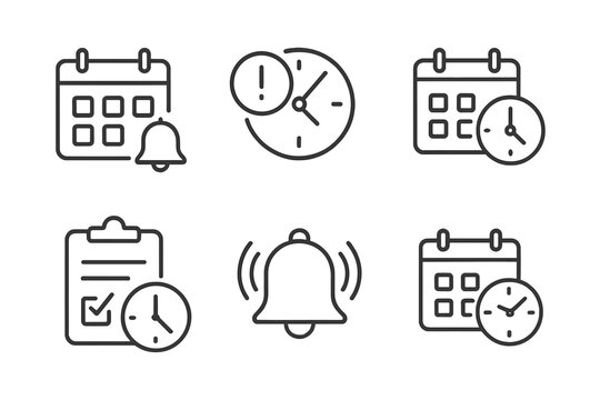 Set of time management icons featuring calendar, clock, and bell symbols