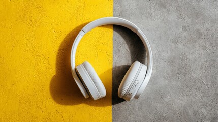 Modern white headphones rest on a vibrant yellow and textured grey surface, casting a sharp shadow, perfect for audio branding.