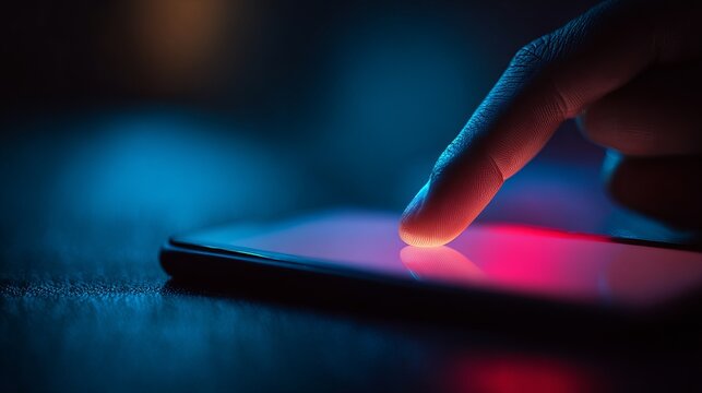 Intimate close-up of a finger interacting with a glowing smartphone screen in vibrant neon lighting, evoking modern technology and digital connection. - Powered by Adobe