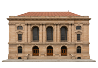 Isolated stately architecture building facade with columns, arched windows, brick roof