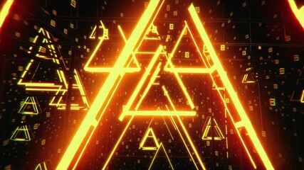 Futuristic neon tunnel with glowing orange triangles and digital particles. A vibrant abstract animation ideal for sci-fi, technology, and cyberpunk projects - Powered by Adobe