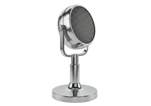 Isolated metal broadcast microphone on stand for media and recording studio equipment