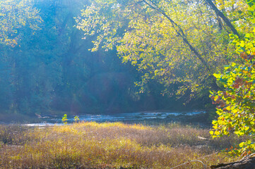Chickamauga Creek in autumn morning sunlight at the Little Owl Village Native American site in...