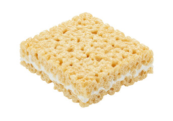 Isolated Rice Krispies treat with marshmallow filling, snack dessert square shaped treat