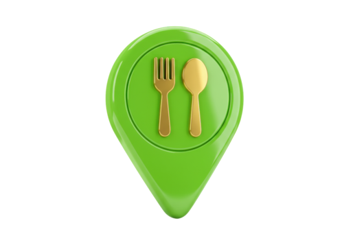 Isolated restaurant location marker with golden fork and spoon to find dining venues