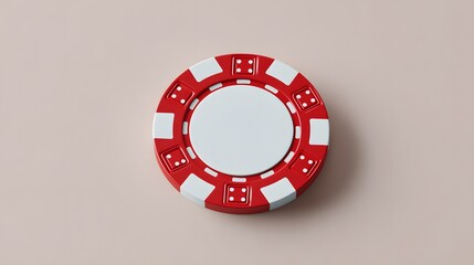 Top down view of a solitary red and white gambling chip with textured edges on a plain beige surface