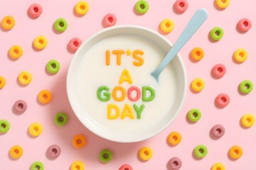 'It's a Good Day' Positive Message Spelled with Colorful Cereal in a Breakfast Bowl