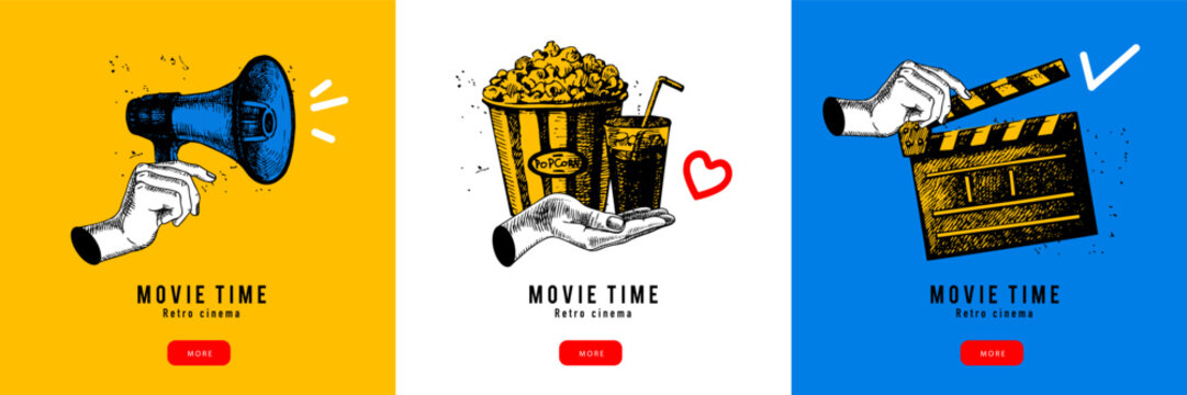 Collage set of sketch hand with clapperboard, megaphone and popcorn. Retro cinema and movie night background. Film studio, streaming platform, ticket service concept. Hand drawn vector illustration.