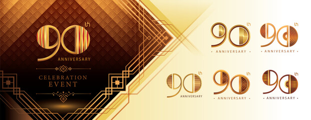 90th Anniversary logotype design, Ninety years Celebrating Anniversary Logo Set, Great Gatsby Anniversary Logo, Gatsby Art Deco Number 90, Golden Elegant Classic Logo for event, invitation, greeting