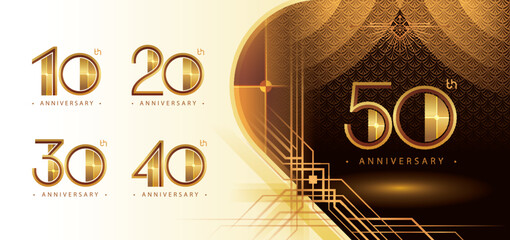 10 to 50 year Anniversary logotype design, Ten to Fifty years Celebrate Logo Set, Great Gatsby Anniversary Logo, Gatsby Art Deco Geometric Number 10,20,30,40,50, Golden Elegant Classic Logo for event