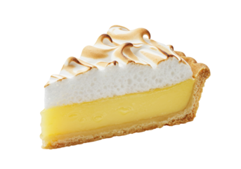 Isolated slice of lemon meringue pie with toasted meringue peaks and crisp crust, dessert