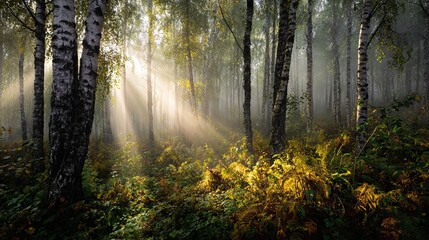 Golden sunbeams pierce misty birch forest canopy illuminating lush green undergrowth and dappled foliage