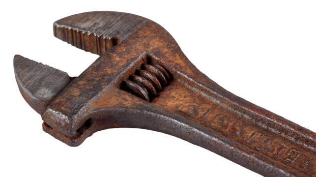 Close-up of rusty adjustable wrench on clean background, isolated on white