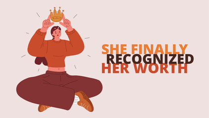 Cartoon vector illustration of a woman putting a crown on her head, symbolizing empowerment as claiming personal achievement and recognition