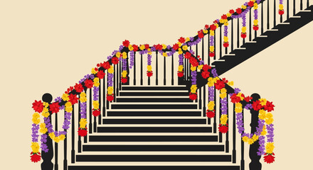 Beautifully Decorated Staircase with Festive Flower Garlands for Special Occasions