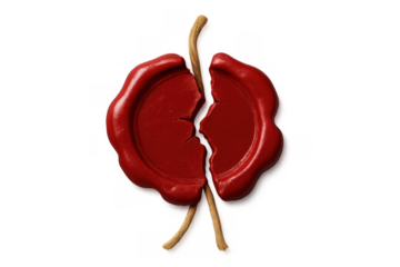 Broken red wax seal representing concepts of split, broken trust, ending, breakup, transparency, and failure
