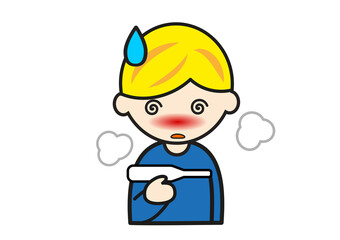 体温計を持つ発熱した白人の男の子