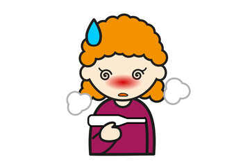 体温計を持つ発熱した赤毛の白人の女の子