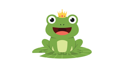 Fototapeta premium A happy cartoon green frog prince with a golden crown sits on a lily pad, smiling brightly in a charming illustration.