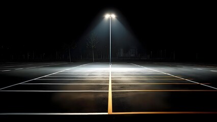 A lone street lamp shines over an empty parking lot at night, white and yellow lines glimmering on wet asphalt. Concept Nighttime urban solitude, Wet asphalt reflections, Isolated streetlamp glow