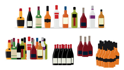 Collection of Alcohol Bottles and Wine Packaging Vector Illustration