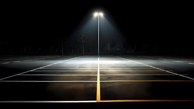 A lone street lamp shines over an empty parking lot at night, white and yellow lines glimmering on wet asphalt. Concept Nighttime urban solitude, Wet asphalt reflections, Isolated streetlamp glow