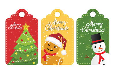 Merry Christmas Gift Tags with Christmas Tree, Gingerbread Man and Snowman Illustration