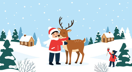 Naklejka premium A happy child in winter clothes hugs a friendly deer in a snowy village scene, while another child holds up a small gift.