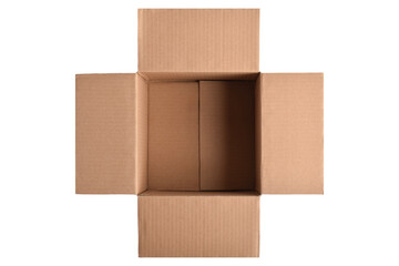 Opened cardboard box on a white background. top view