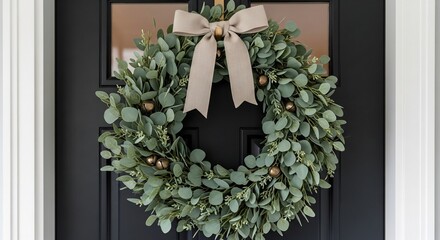 Fototapeta premium Greenery wreath with bells beige bow on black door framed by white trim