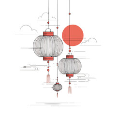 Sleek Lantern Festival Line Art Vector