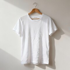 Realistic white t-shirt hanging on wooden hanger against neutral background, soft natural lighting, wrinkle texture visible, clean minimalist composition, 8k ultra-realistic, perfect for apparel brand