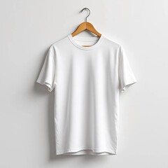 Realistic white t-shirt hanging on wooden hanger against neutral background, soft natural lighting, wrinkle texture visible, clean minimalist composition, 8k ultra-realistic, perfect for apparel brand