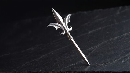 Extreme close-up of a minimalist silver trident (trishul) on a textured dark slate background. Elegant and symbolic for spiritual or cultural themes.