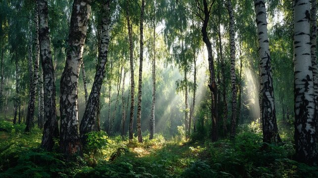 Sunbeams pierce lush green birch forest creating a magical, tranquil atmosphere of natural wonder and peace